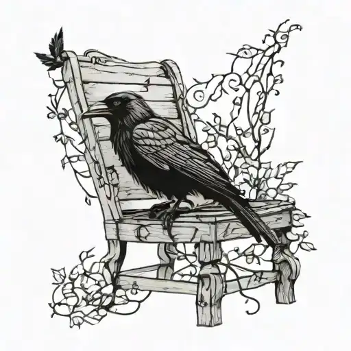A Broken Wooden Chair With A Raven Perched And Vines