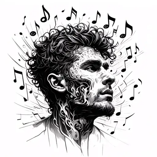 Abstract And Chaotic Male Face And Music Notes Floating In And Around The Head