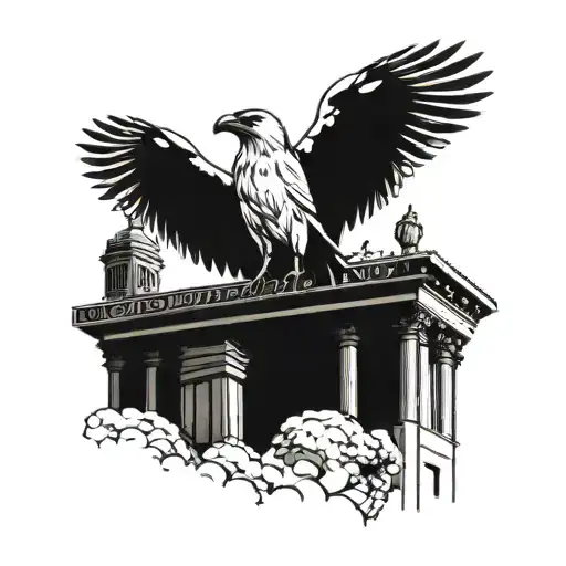 A Blackwork Tattoo Of A White Raven Perched On A Historical Monument