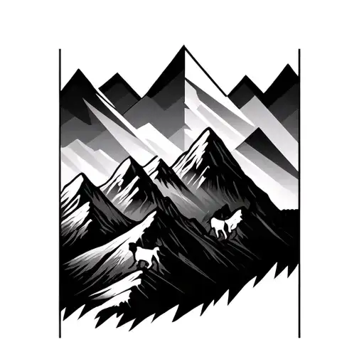 A Geometric Mountain Range With A Silhouette Of A Dog Hiking Up The Peaks