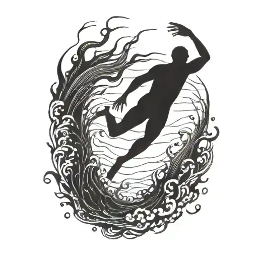 A Blackwork Tattoo Of A Swimmer Diving Into The Ocean Depths
