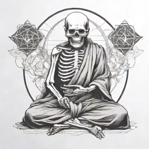 Skeleton Monk Meditating With Sacred Geometrey Backround