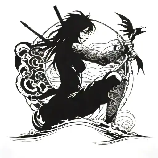 An Intricate Blackwork Tattoo Design Featuring A Powerful Anime Character Training On The Beach