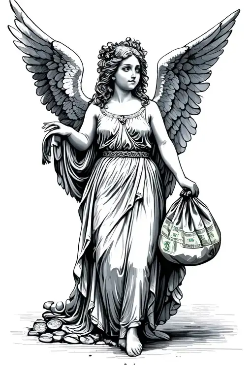 Female Angel Holding Money Bag While Looking Away