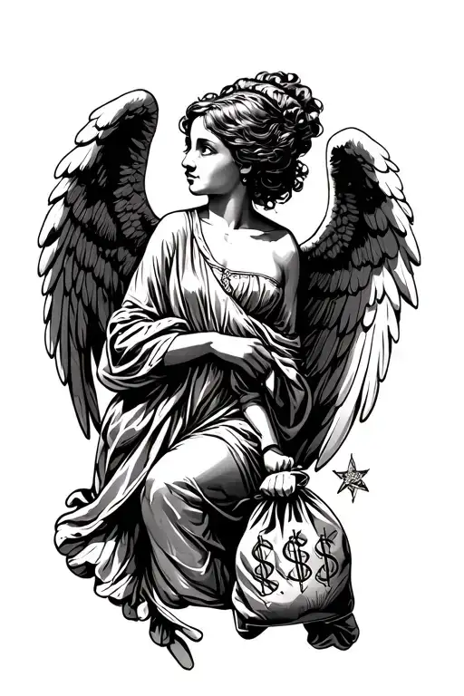 Female Angel Holding Money Bag While Looking To The Right