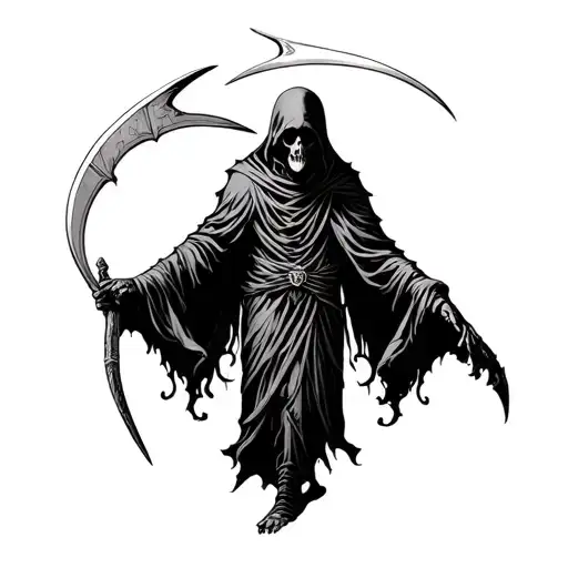 Full Body Standing The Grim Reaper With Scythe And Knife