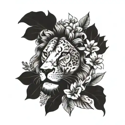 Face Of A Female Lion Surrounded By Flowers And Leaves