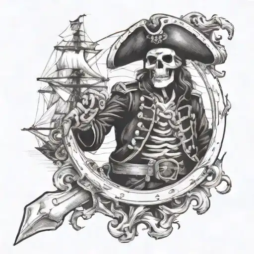 Skeleton Of A Pirate With A Pistol At The Helm Of A Ship