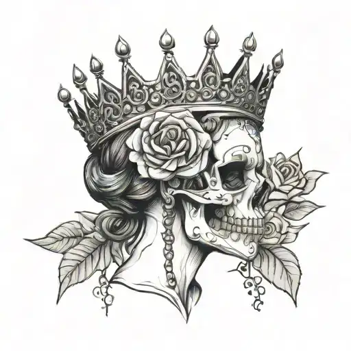 Half Woman With Crown Half Skull With Roses