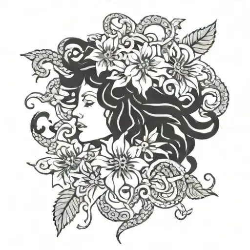 Medusa With Folwers In Black And Grey