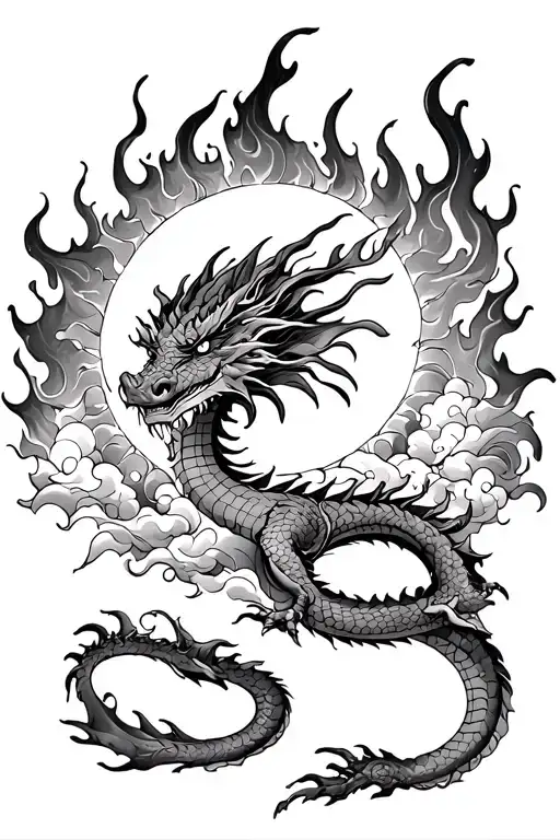 Dragon Surrounding A Sun With Clouds Of Flames