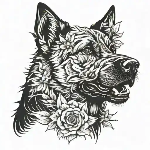 Angry Kangal-german Shepherd Mix Dog With Floral Elements Intertwined In Blackwork Style