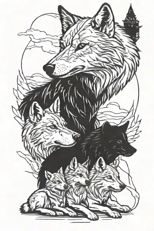 Daddy Wolf And 3 Daughter Cubs Protective Father Wolf Watching