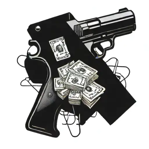 An Intricate Design Of A Pistol Surrounded By Stacks Of Cash And A Trap House In The Background
