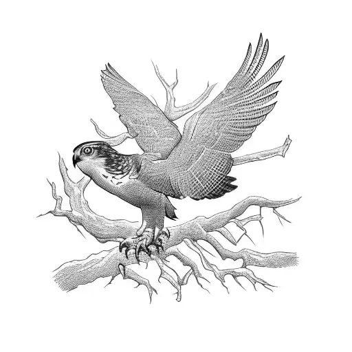 A Cooper Hawk Taking Off From An Old Oak Tree