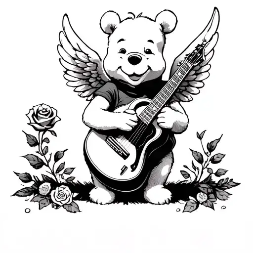 Winnie The Pooh With Wings Holding A Guitar And Rose