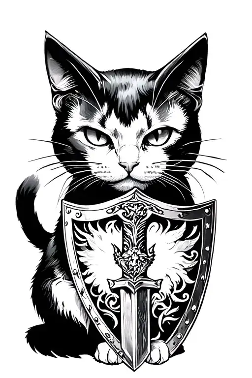 Black Cat With Sword And Shield Like A