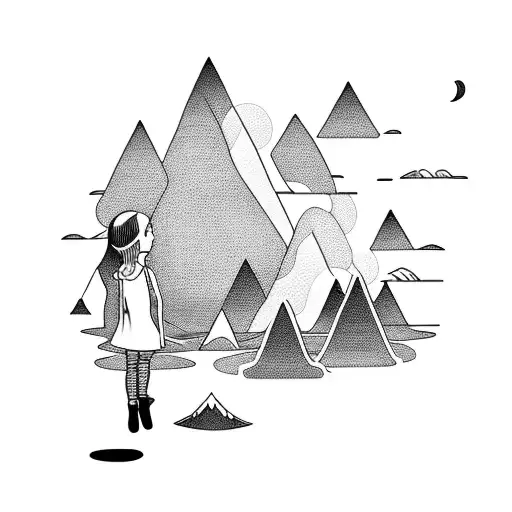 Little Girl Standing In Front Of Lake With Small Mountains In The Distance And A Sunset