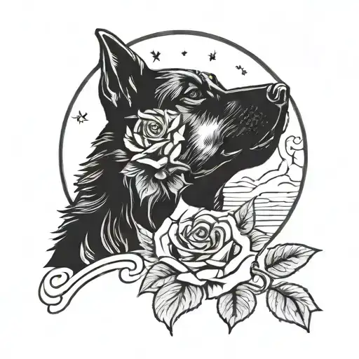 A Blackwork Design Of A Dog Howling At The Moon With A Rose In Its Mouth