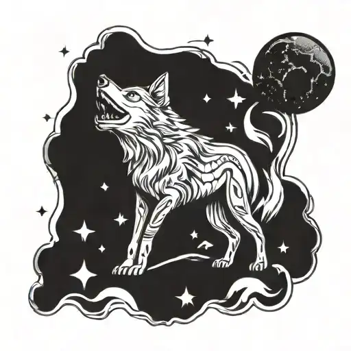 A Tattoo Design Featuring A Wolf Howling At The Moon Surrounded By Iconic Superhero Symbols