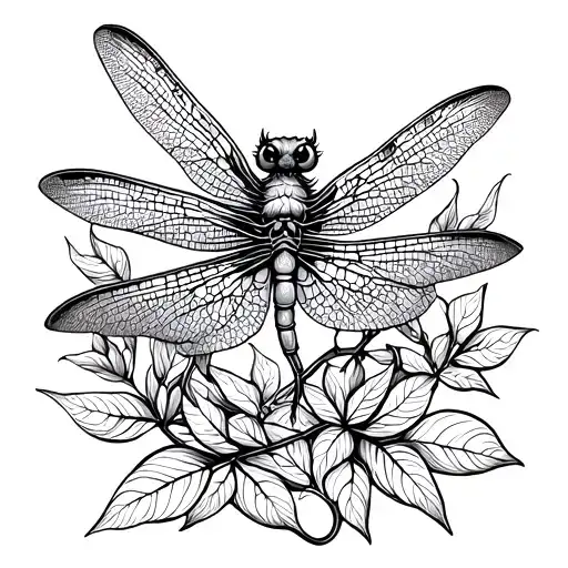 Dragon Fly With Leaves Intertwined