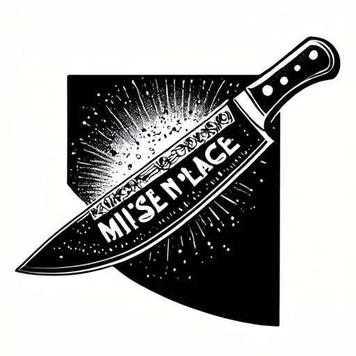 Chef Knife Pointing Straight Down With The Mise En Place Letter On The Blade Of The Knife