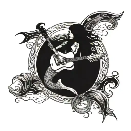 A Detailed Blackwork Tattoo Of A Mermaid Playing A Guitar On The Moon