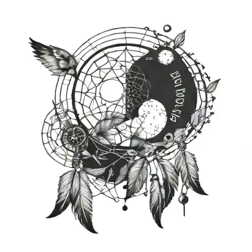 Geometric Line Tatto With Moon Phases And A Dreamcatcher