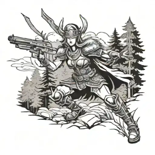 Valkyrie Warrior Wielding A Gun In A Nordic Forest Battle Scene