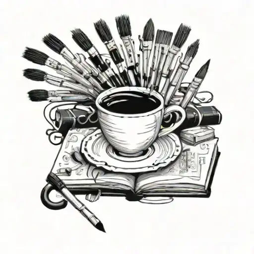 A Coffee Cup Morphing Into A Book With Paintbrushes Scattered Around It