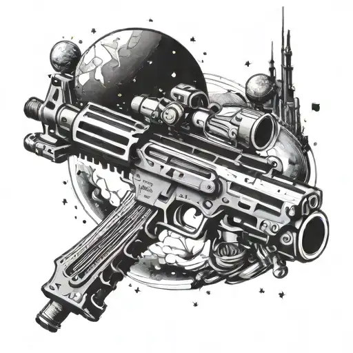 A Pkm Machine Gun Integrated Into A Space-themed Sleeve Tattoo With Celestial Elements