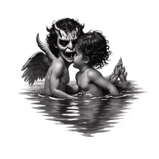 A Little Angel Playing In The Water And Seeing A Devil Face In Ilthe Water