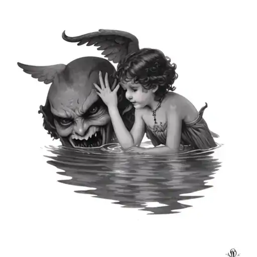 A Little Angel Playing In The Water And Seeing A Devil Face In Ilthe Water