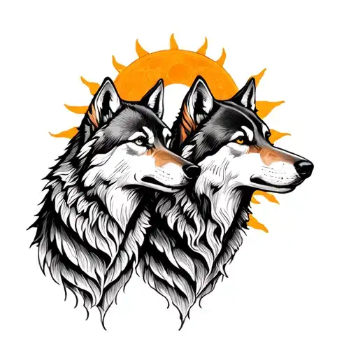 Two Wolves With Sun And Moon Surrounded