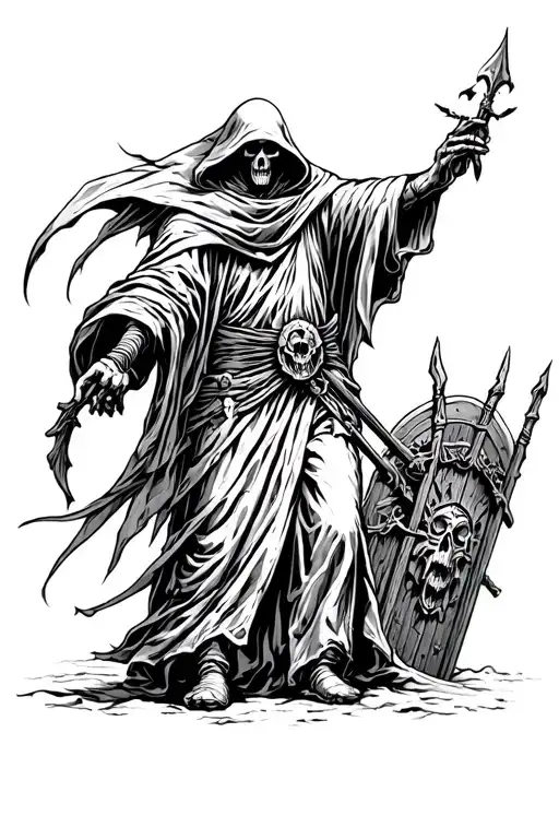 Grimm Reaper With His Hood Up Escorting Souls To The Gate Of Valhalla