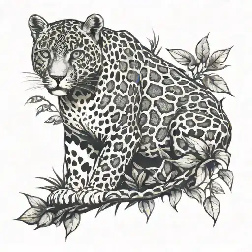 Jaguar In The Forest With Birds And Plants