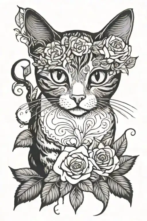 Cat With Big Eyes And Roses Blooming