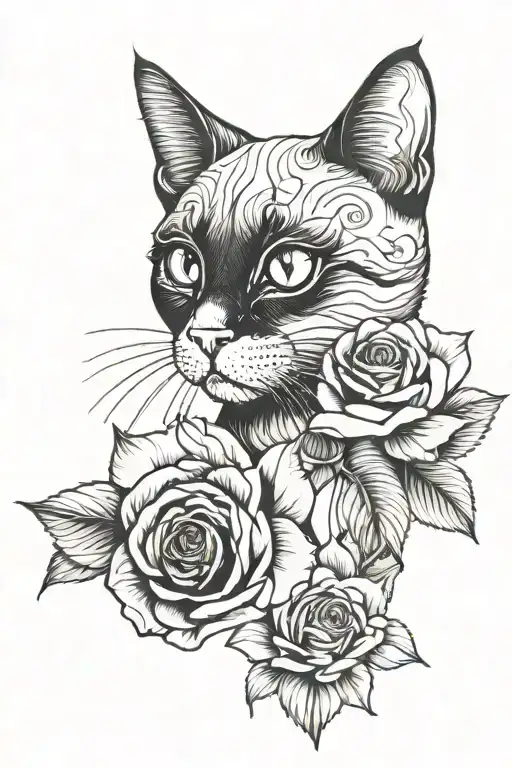 Cat With Big Eyes And Roses Blooming