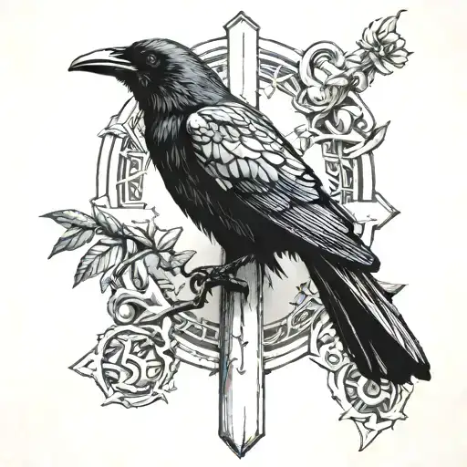 A Detailed Blackwork Tattoo Of A Crow Perched On A Cross