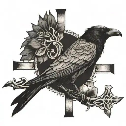 A Detailed Blackwork Tattoo Of A Crow Perched On A Cross