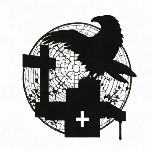 A Detailed Blackwork Tattoo Of A Crow Perched On A Cross