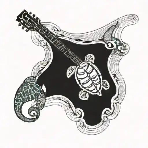 Beach With Guitar And Baby Sea Turtle