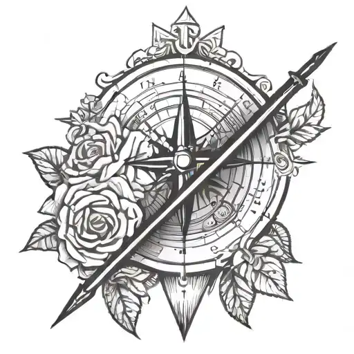 Compass With An Arrow Through It With Roses
