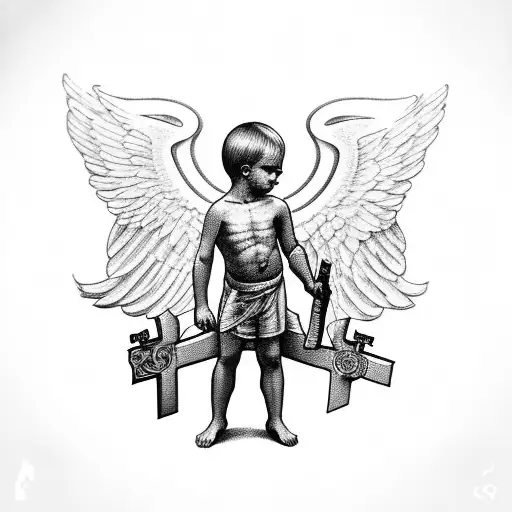 Cherub Holding Cross In One Hand And Glock In Other Hand