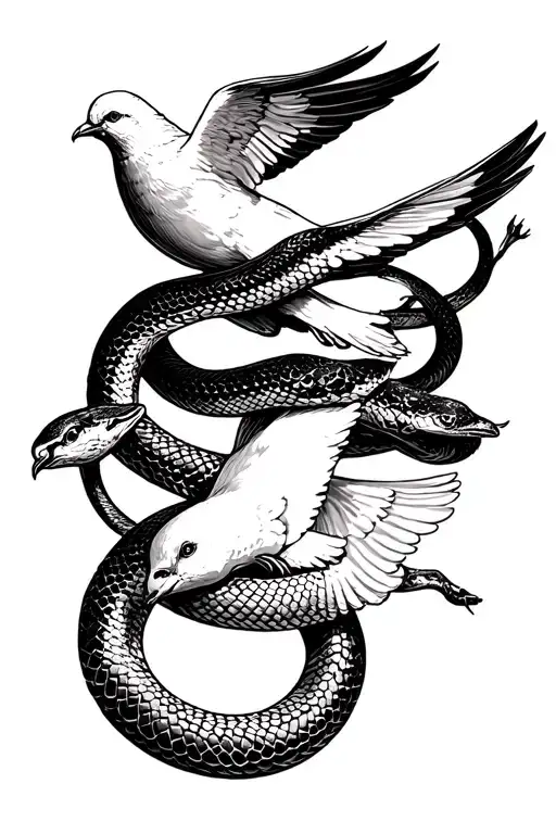 Snake Wrapped Around A Dove And Looking At Dove