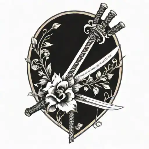 Katana And Flowers Intertwined