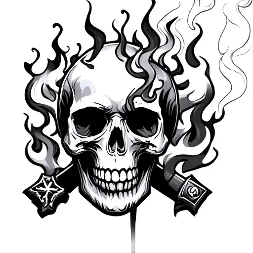 Smoking Skull With Flames And A Cross