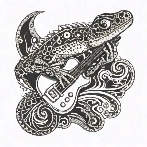 A Gecko Playing A Guitar With Rock Music Notes In The Background