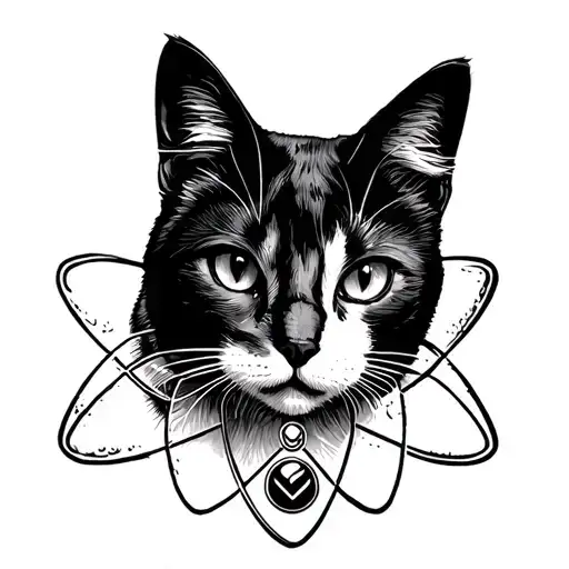 Black And White Cat Head Look Forward With Atom Symbol Incorporated