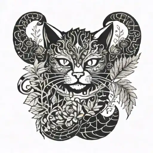 Gothic Cat And Dragon With Leafs And Fern